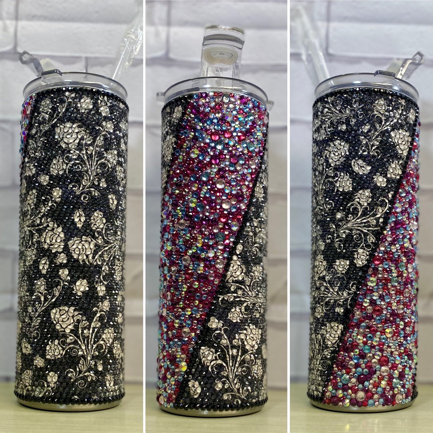 A set of three images displaying a stainless steel tumbler with a rhinestone design. The tumbler is adorned with a floral pattern and a band of rhinestones around the middle.