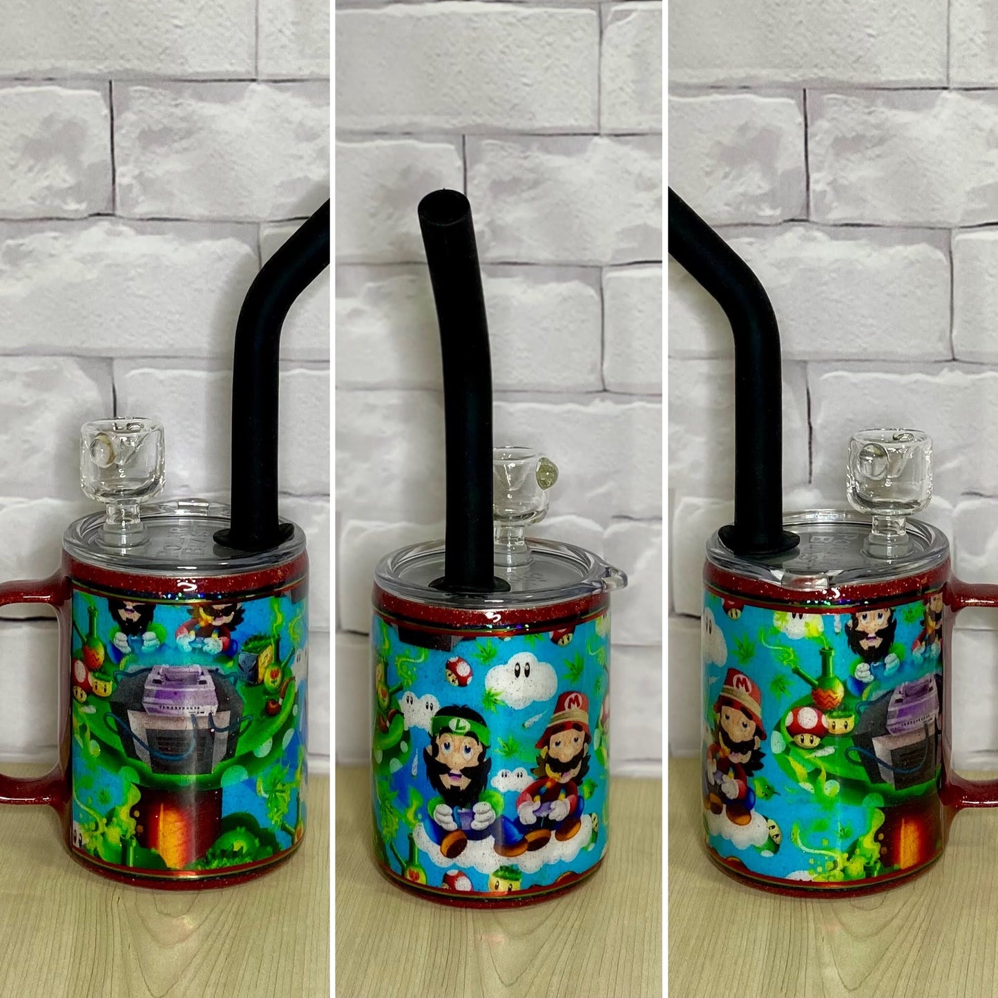 A series of three pictures of a smoking device with a bowl and a silcone straw made out of a stainess steel tumbler with a video game theme.