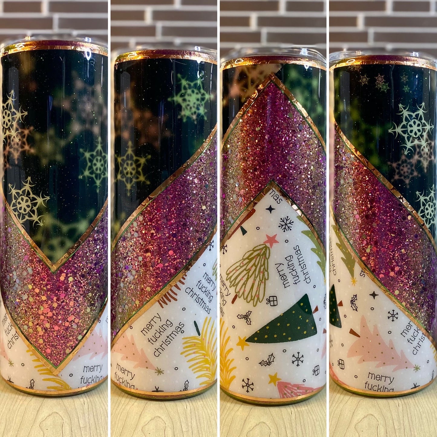 A set of four photos of a 20oz stainless steel tumbler showing all sides with various Christmas-themed designs, including snowflakes, Christmas trees, and festive patterns.
