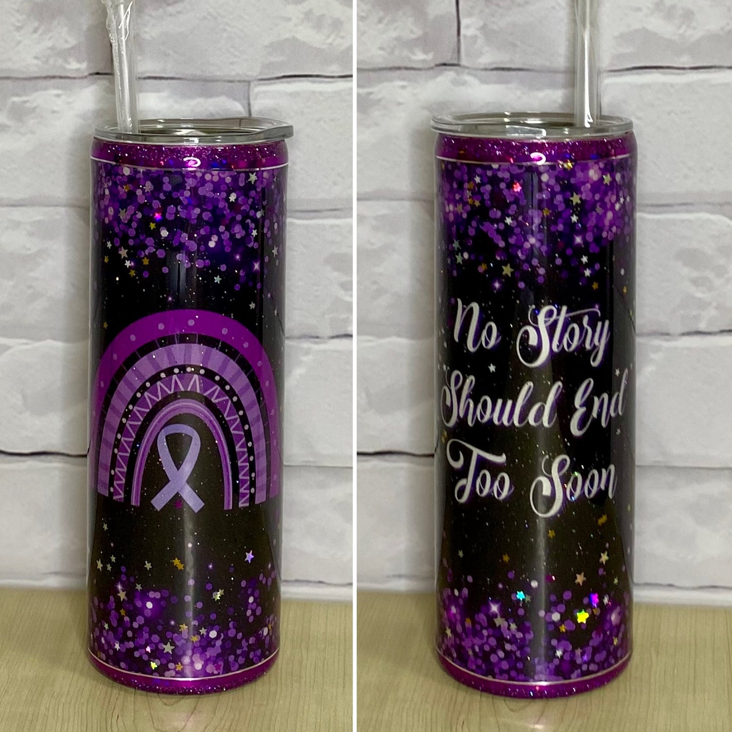 A stainless steel tumbler with a black and purple l glittery design and the text 'No story should end soon' printed on it.