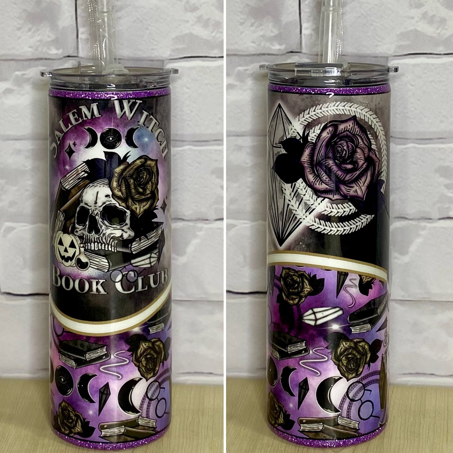 A black and purple glittered tumbler with a salem witch book club theme.